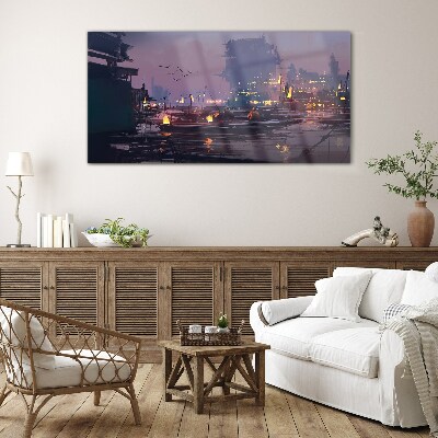 Glas foto Zonsondergang boven de haven