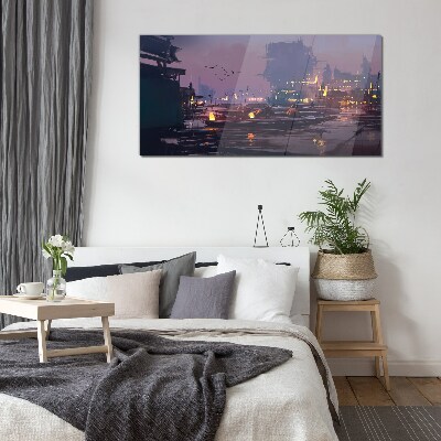 Glas foto Zonsondergang boven de haven