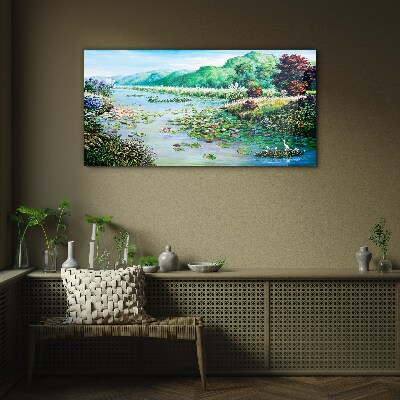 Schilderij op glas Landschap met waterlelies