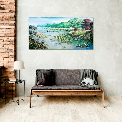 Schilderij op glas Landschap met waterlelies