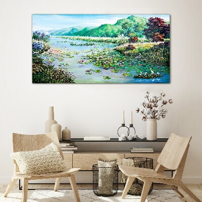 Schilderij op glas Landschap met waterlelies