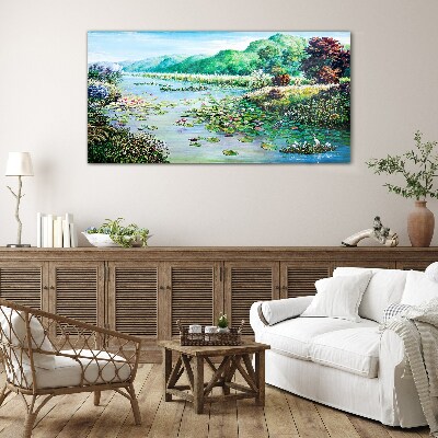 Schilderij op glas Landschap met waterlelies