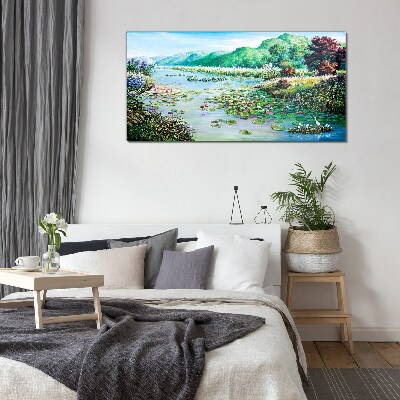 Schilderij op glas Landschap met waterlelies