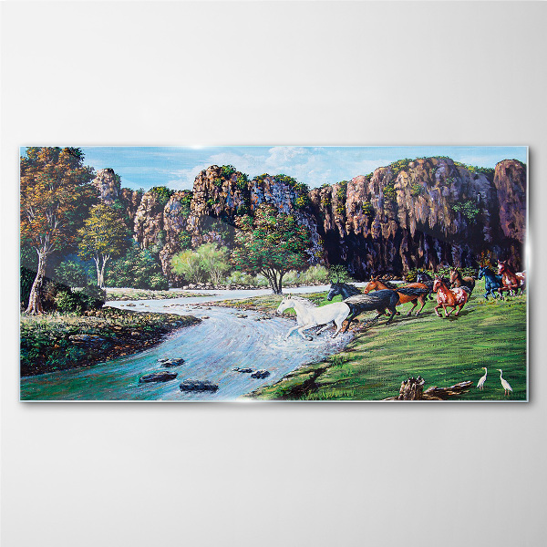 Foto op glas Landschap met paarden aan de rivier