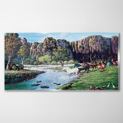 Foto op glas Landschap met paarden aan de rivier