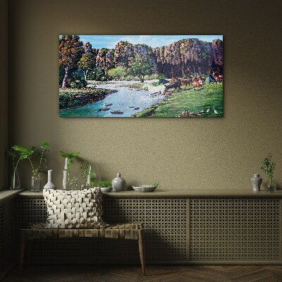 Foto op glas Landschap met paarden aan de rivier