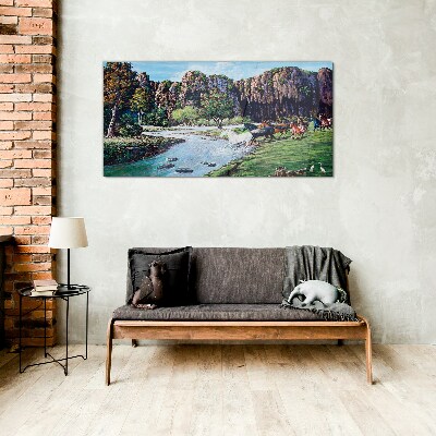 Foto op glas Landschap met paarden aan de rivier