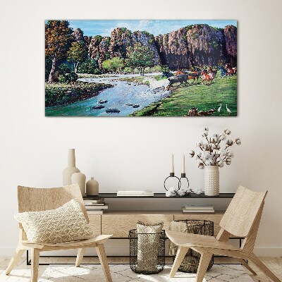 Foto op glas Landschap met paarden aan de rivier