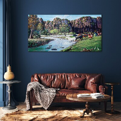 Foto op glas Landschap met paarden aan de rivier