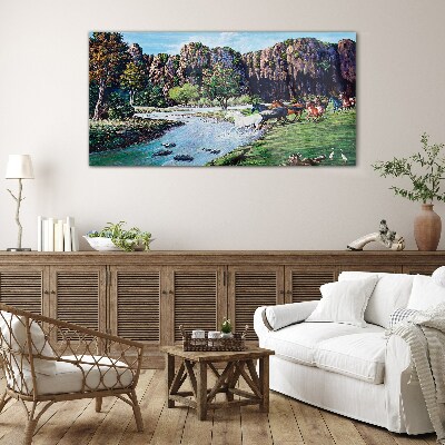 Foto op glas Landschap met paarden aan de rivier