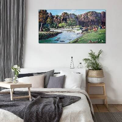 Foto op glas Landschap met paarden aan de rivier