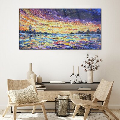 Foto op glas Zonsondergang over het water