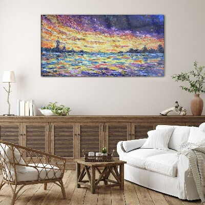 Foto op glas Zonsondergang over het water