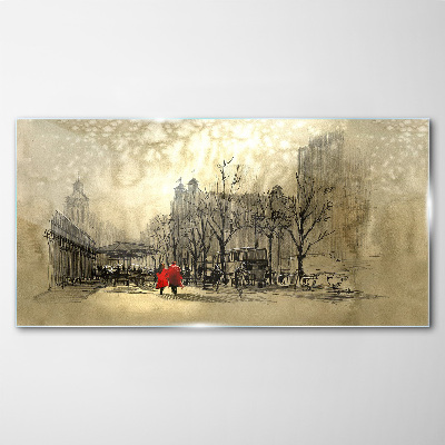 Schilderij op glas Rode jas in het stedelijk landschap