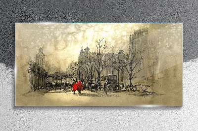 Schilderij op glas Rode jas in het stedelijk landschap