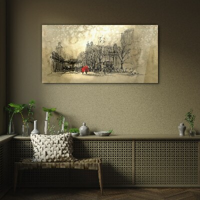 Schilderij op glas Rode jas in het stedelijk landschap