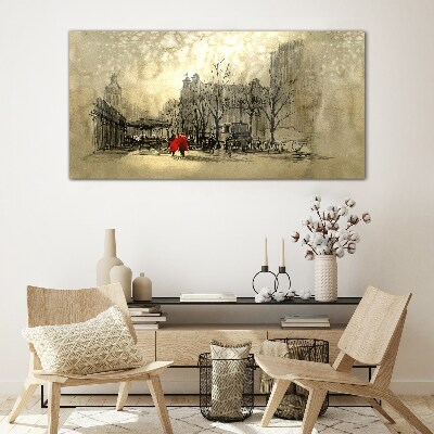 Schilderij op glas Rode jas in het stedelijk landschap