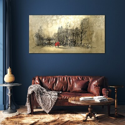 Schilderij op glas Rode jas in het stedelijk landschap