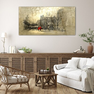 Schilderij op glas Rode jas in het stedelijk landschap