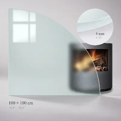 Kwartronde vloerplaat voor houtkachel in semitransparant glas