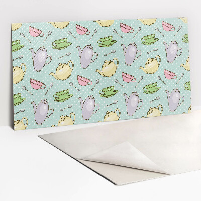 Zelfklevend wandpaneel Een waterkoker en kleurrijke kopjes