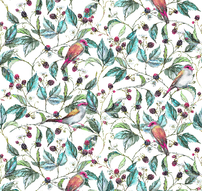 Rolgordijn verduisterend Blauwe bladeren en kleurrijke vogels