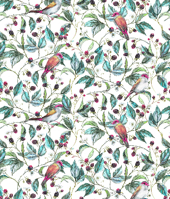 Rolgordijn verduisterend Blauwe bladeren en kleurrijke vogels