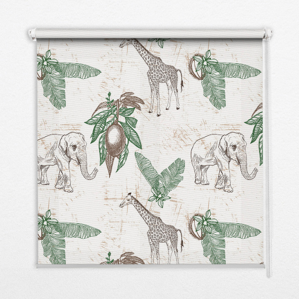 Rolgordijn voor het raam Giraffen, olifanten en bladeren