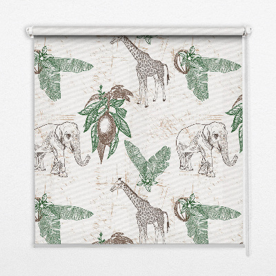 Rolgordijn voor het raam Giraffen, olifanten en bladeren