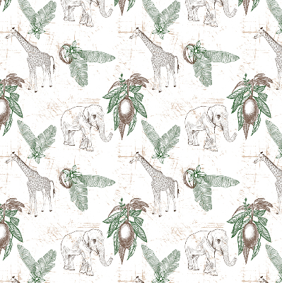 Rolgordijn voor het raam Giraffen, olifanten en bladeren