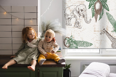 Rolgordijn voor het raam Giraffen, olifanten en bladeren