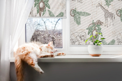Rolgordijn voor het raam Giraffen, olifanten en bladeren