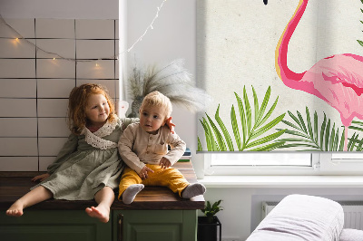 Rolgordijn voor het raam Flamingo's bij de bladeren