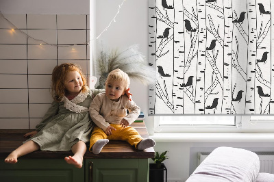 Rolgordijn voor het raam Getekende vogels en bomen