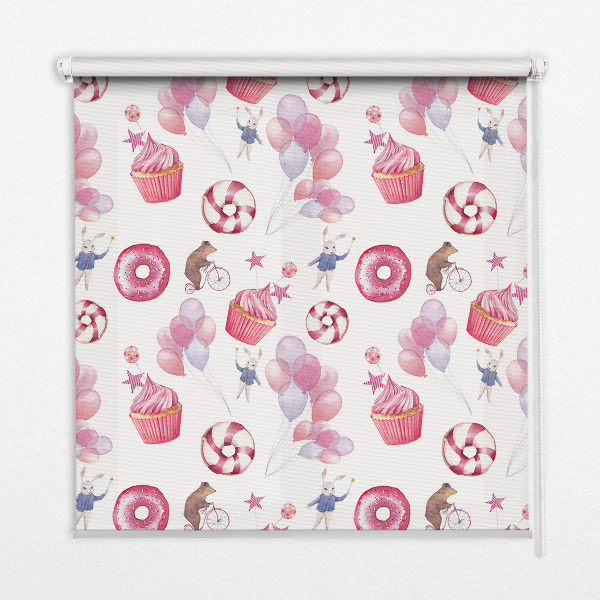 Rolgordijn voor het raam Roze ballonnen, donuts en konijntjes