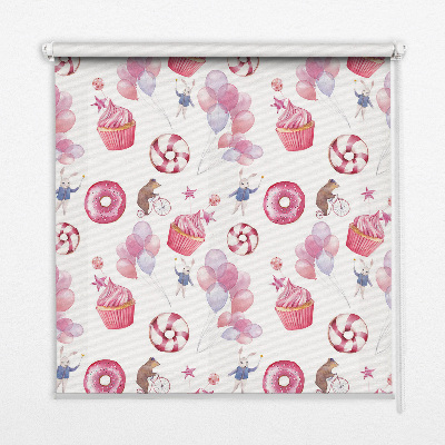 Rolgordijn voor het raam Roze ballonnen, donuts en konijntjes