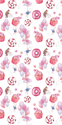 Rolgordijn voor het raam Roze ballonnen, donuts en konijntjes