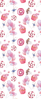 Rolgordijn voor het raam Roze ballonnen, donuts en konijntjes