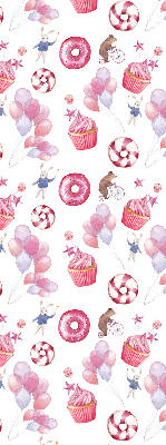 Rolgordijn voor het raam Roze ballonnen, donuts en konijntjes