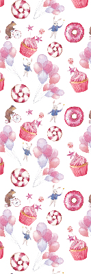 Rolgordijn voor het raam Roze ballonnen, donuts en konijntjes