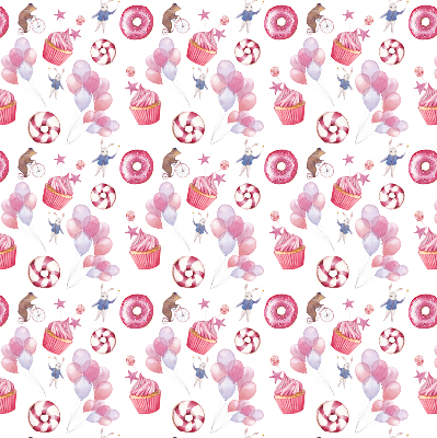 Rolgordijn voor het raam Roze ballonnen, donuts en konijntjes