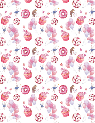 Rolgordijn voor het raam Roze ballonnen, donuts en konijntjes