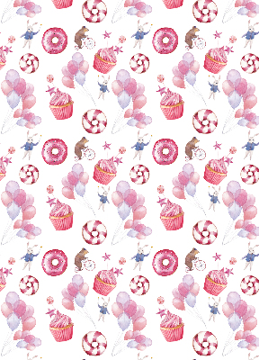 Rolgordijn voor het raam Roze ballonnen, donuts en konijntjes