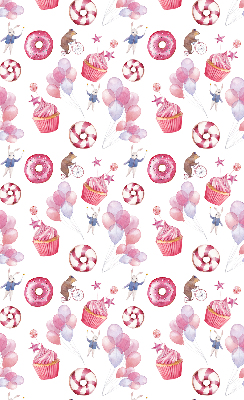 Rolgordijn voor het raam Roze ballonnen, donuts en konijntjes