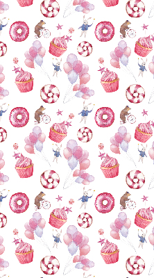 Rolgordijn voor het raam Roze ballonnen, donuts en konijntjes