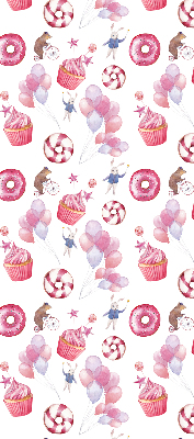 Rolgordijn voor het raam Roze ballonnen, donuts en konijntjes