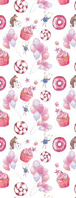 Rolgordijn voor het raam Roze ballonnen, donuts en konijntjes