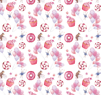 Rolgordijn voor het raam Roze ballonnen, donuts en konijntjes