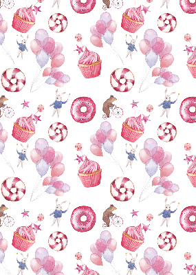 Rolgordijn voor het raam Roze ballonnen, donuts en konijntjes