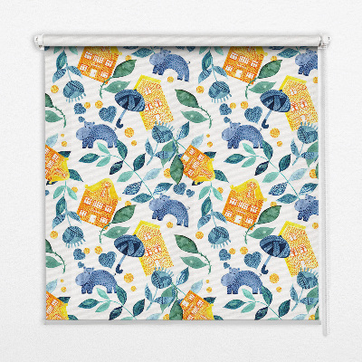 Rolgordijn verduisterend Gele huizen blauwe planten